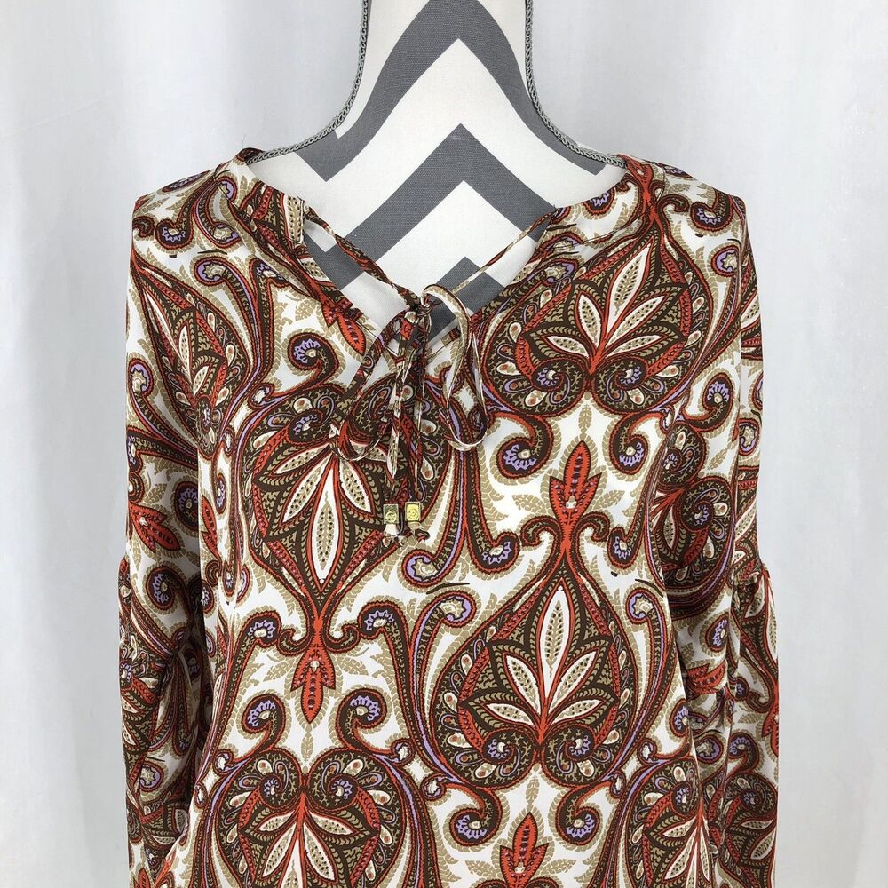 MICHAEL KORS Elastic Hem/Cuffs Orange Floral Tie V Neck Blouse Small